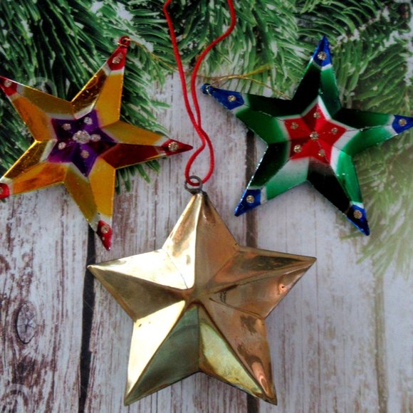 Christmas star ornaments - brass & multi colored - Picture 1 of 4